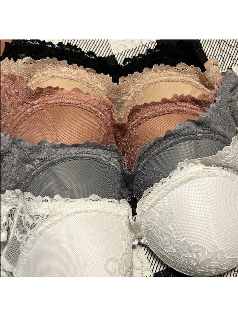 Lace Trim Push-Up Bra - White, Gray, Blush, Nude, Black